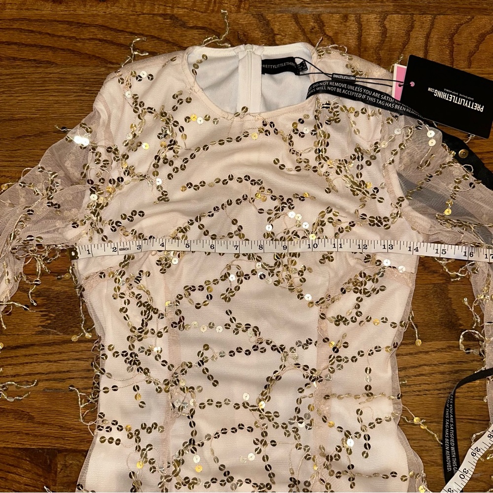 NWT Pretty Little Thing Sz 2 Beaded Sheer Sleeve Party Dress Champagne - Picture 5 of 9